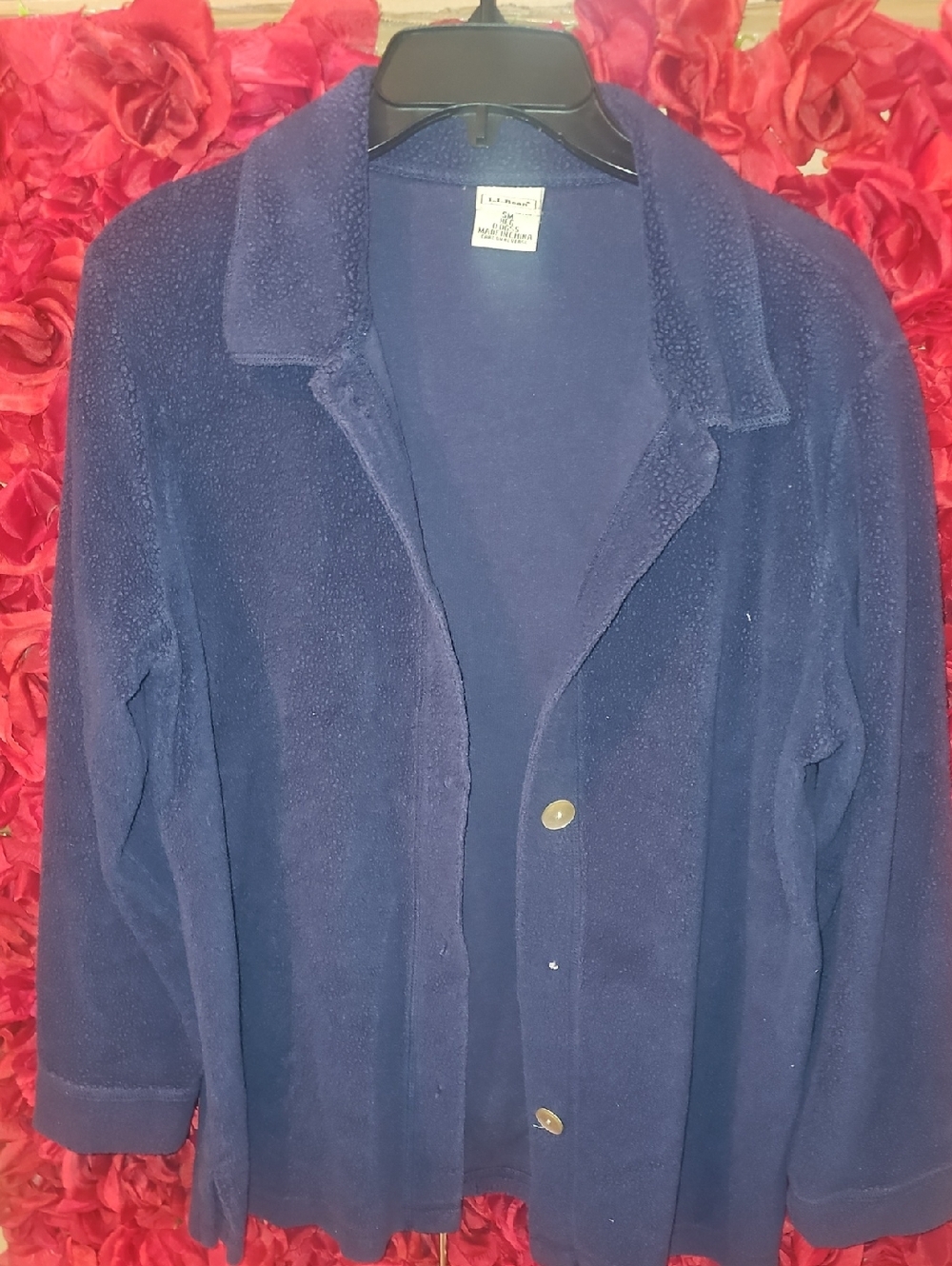 L.L. Bean Navy Blue Teddy Fleece Jacket with Button Front-Missing Button Size Sm